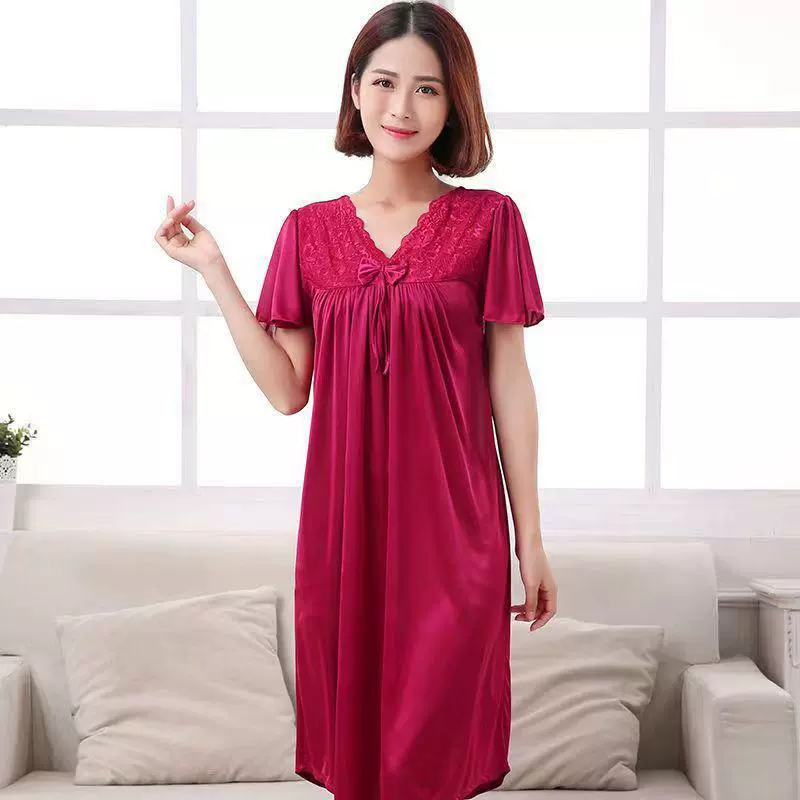 Ледяной шелк пижамы женский с нагрудным ковриком весной и летом свободная большая и длинная сексуальная кружева большая размер ночная юбка тонкая