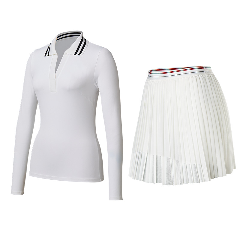 Trajes deportivos transfronterizos de mujer con solapa de mangas largas secas rápidas y delgadas, camisas de polo de cuello en V, chaqueta de fitness, falda de tenis delgada