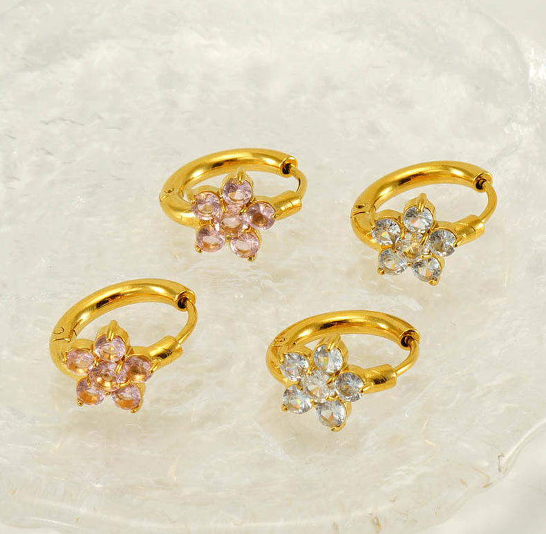 1 Paire Style Simple Fleur Acier Inoxydable 304 Zircon Plaqué Or 18K Boucles D'oreilles Cerceau display picture 2