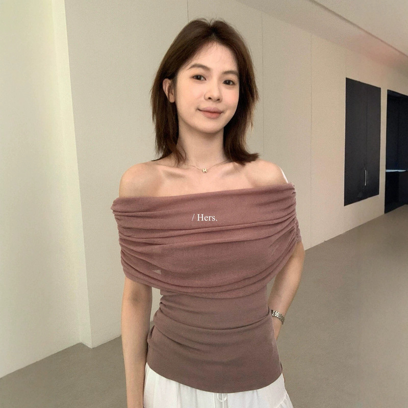 Hers Sweet Summer Women's French Style Gentle Layered Slimming Off-Shoulder Short Sleeve Knit Top 08218