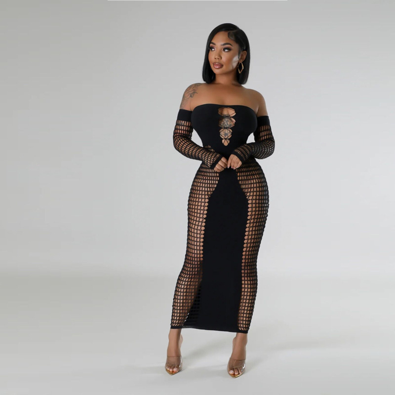 European and American Cross-Border 2024 New Autum Women's Sleeves Cut Out Sexy Slim One-Piece Knitted Hip-Hugging Dress for Women