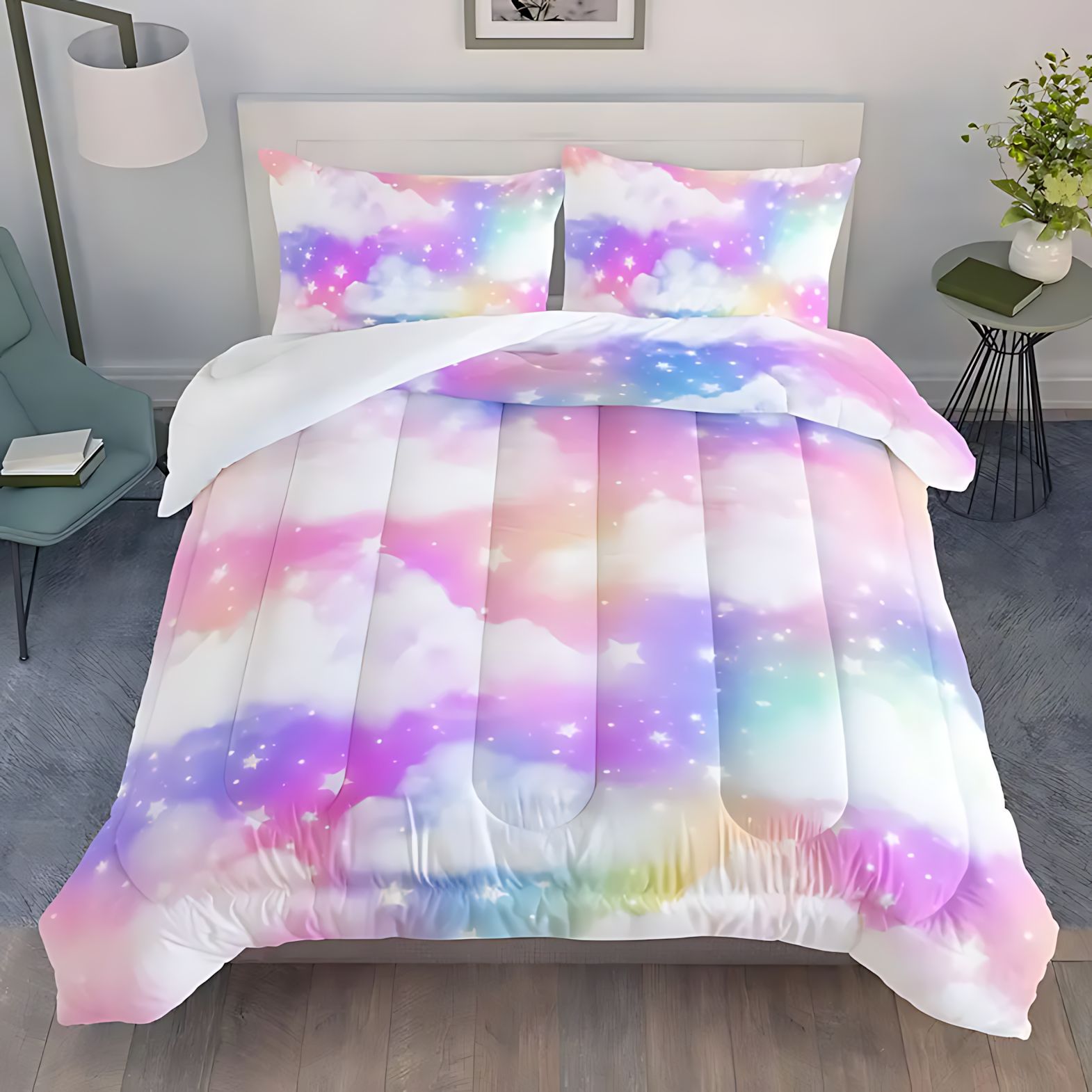 TEMU / JIT transfronterizo textil casero arco iris gradiente impresión digital 3D 180gms colchacha colchón conjunto de almohada se puede ajustar