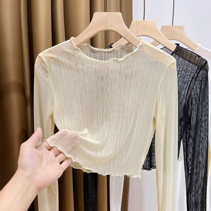 Perspective Short Mesh Base Shirt Women's Autumn 2024 New Style High-end Lace Inner Shirt Thin Shirt