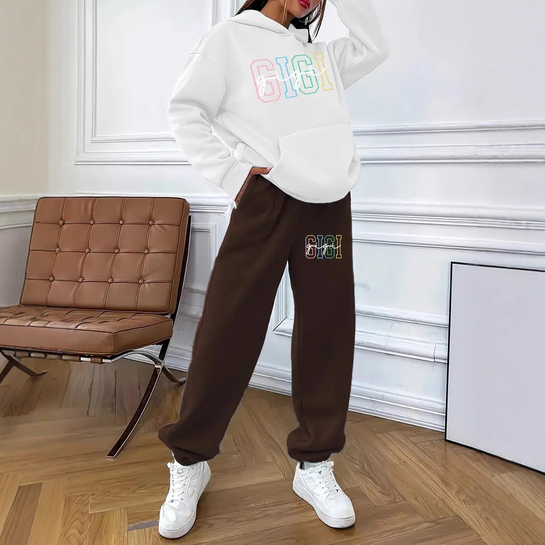 Conjunto de sudadera y pantalón informal con estampado de Gigi para mujer en blanco, marrón, verde y naranja (S-XXL)_voghion.com