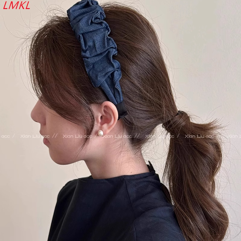 つば広デニムプリーツヘッドバンド、高級感、シンプルで多用途、顔が見える高頭頂部、小さなヘッドバンド、洗顔用ヘアピン、ヘッドバンド|undefined