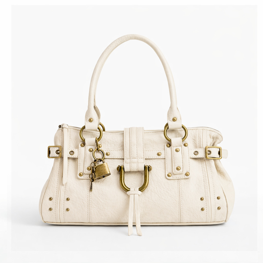 Millennial-style lockable large-capacity tote bag, 2026 new niche design, vintage rivet distressed women's handbag