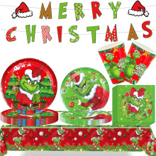 红绿圣诞节餐具套装 Merry Christmas一次性纸盘纸巾桌布派对餐具