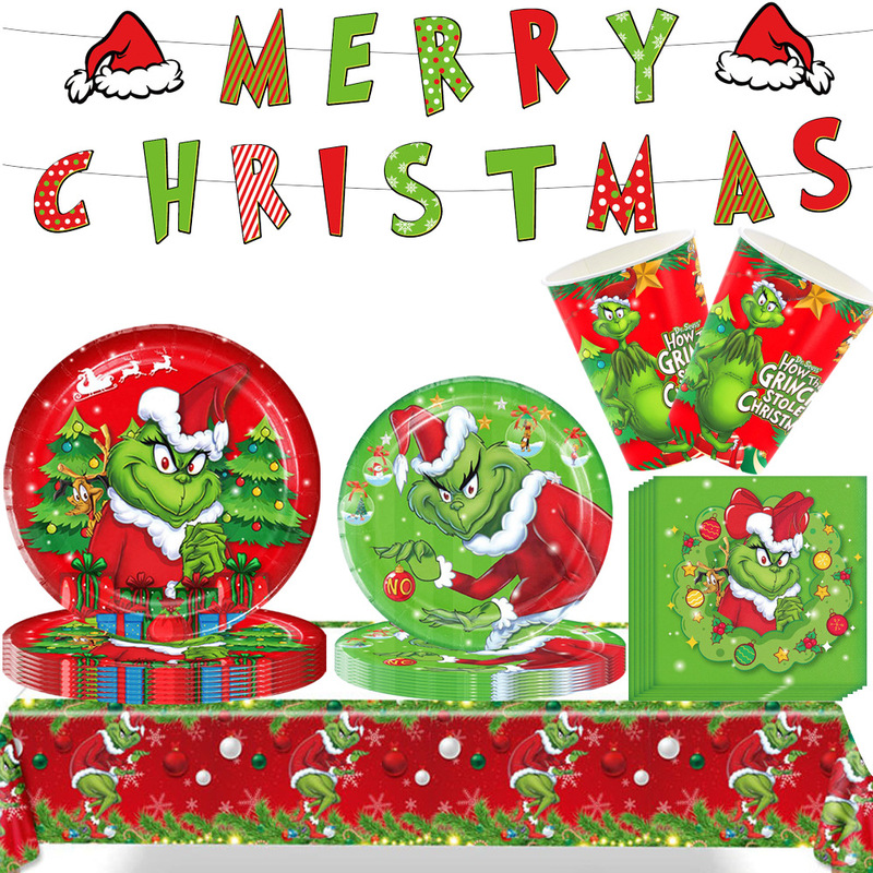 Red and Green Christmas Tableware Set Merry Christmas Disposable Paper Plate Tissue Tablecloth Party Tableware
