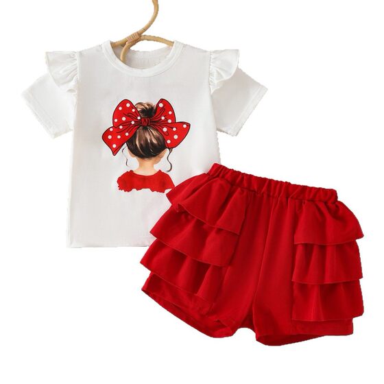 Cross-border Hot 2025 Summer New Girls Printed Flying Sleeve T-shirt Lace Skirt Two-piece Set