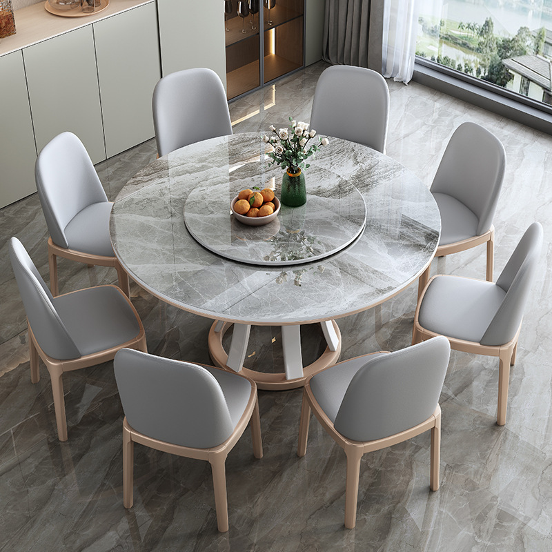 輕奢實木岩板餐桌椅組合現代簡約家用小戶型大圓桌酒店圓形吃飯桌
