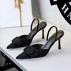 9627-K222 French style belt buckle decoration pointed shallow mouth suede fine high heels with a rear hanging strap fash