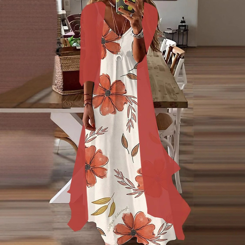 Spot Cross-border New European and American Summer Women's Printed Vacation Strap Dress Indian Style Large Swing Dress Two-piece Set