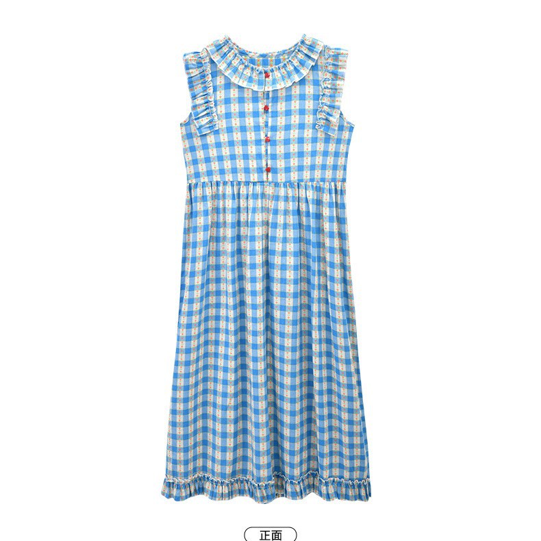 Real shot spot 2025 niñas a cuadros estilo coreano dulce vestido de algodón con mangas voladoras cuello redondo falda larga a cuadros azules