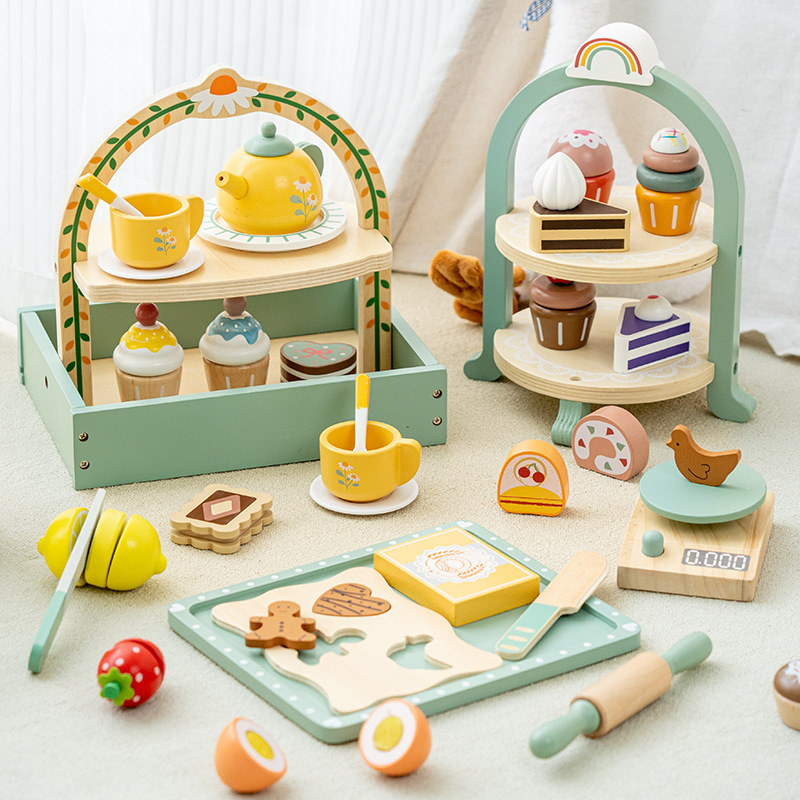 Children's Wooden Simulation Afternoon Tea Dessert Cake Bread Machine Coffee Machine Play House Tea Set Combination Toy