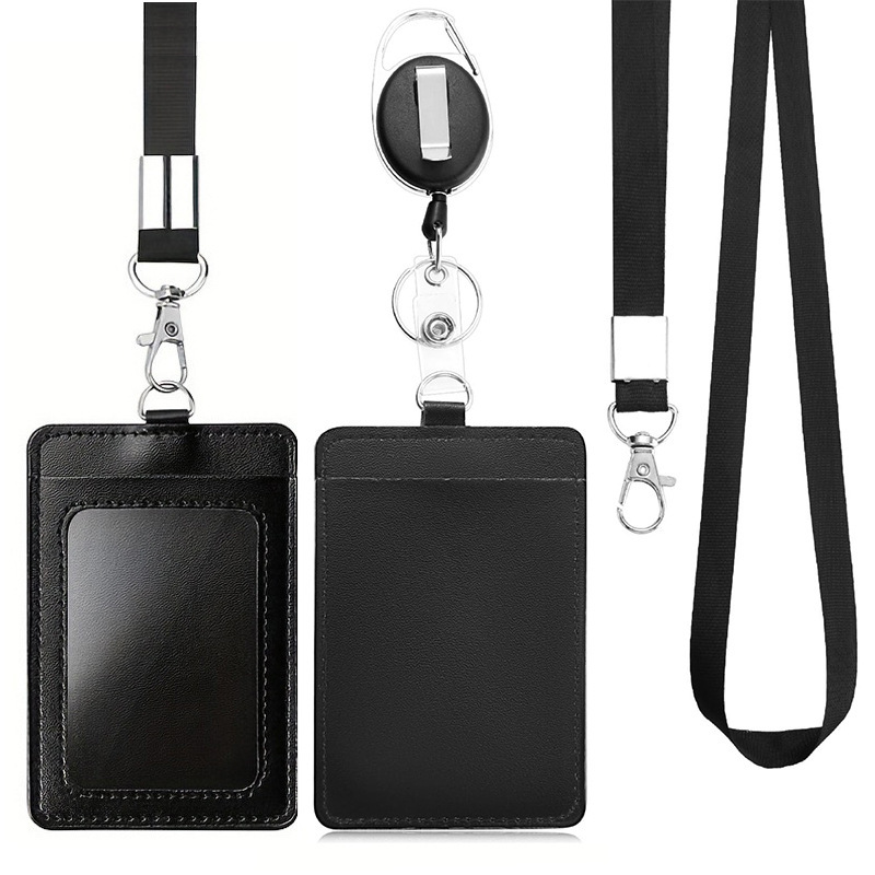 Multi-card PU Leather Card Cover Access Control Card Cover Zinc Alloy Easy Pull Buckle Retractable ID Card Cover Lanyard