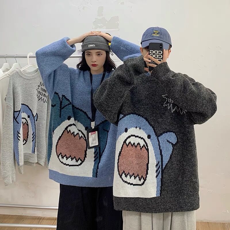 Pareja de dibujos animados pullover hombres Otoño e Invierno estilo coreano moda ins estilo perezoso de moda cuello redondo punto camisa de fondo