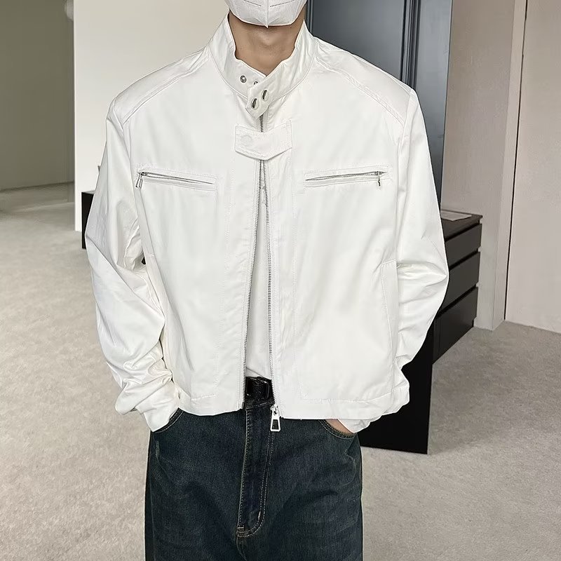 哈灵顿短款西装夹克男欧货高端长袖垫肩外套立领多口袋防风机车服|undefined