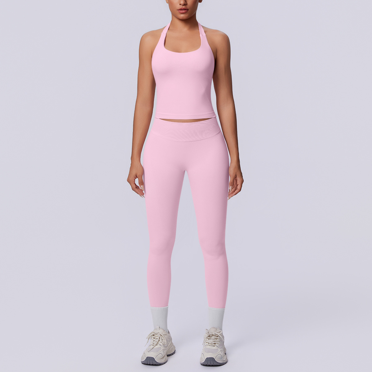 Nuevo transfronterizo sin costuras de color sólido cuello colgante hermosa espalda ajuste ajuste conjunto deportivo correr fitness yoga dos piezas conjunto