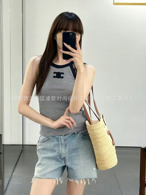 深セン南友婦人服25夏新作CE凱旋門刺繍ストライプ配色アメリカンスタイルベスト痩身タイトフィット|undefined