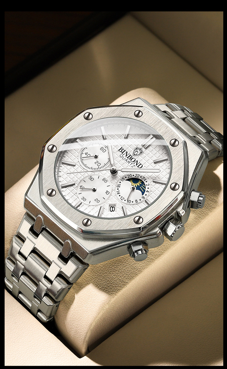 New Watch Hot Selling Model: Binbang High-end Three Eye Six Needle Multifunctional Lunar Phase Steel Band Multifunctional Men's Watch Watch_voghion.com
