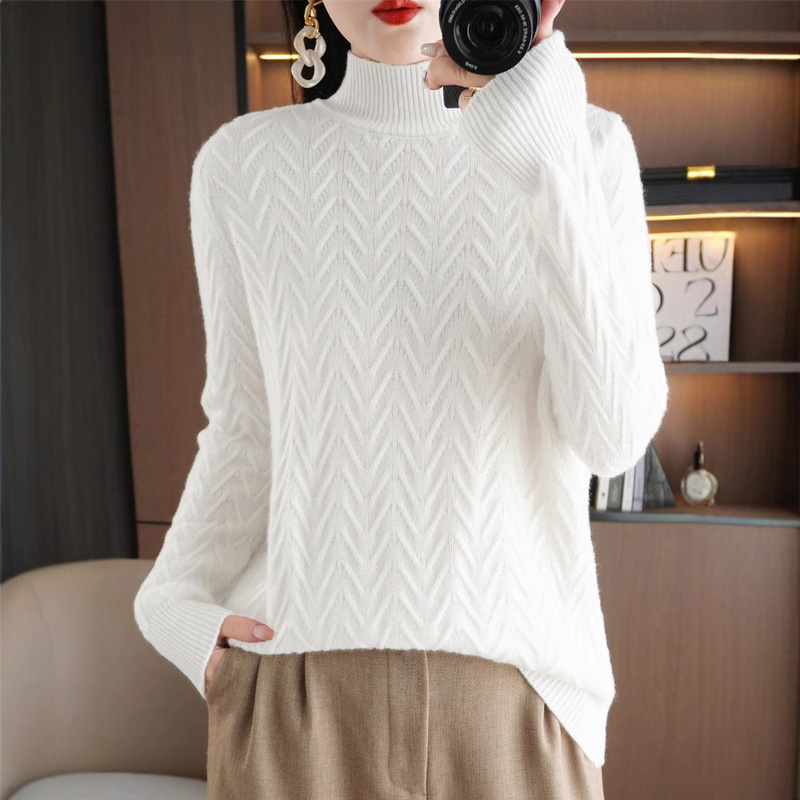 Cross-Border Autumn and Winter New Jacquard Half-High Collar Women's Long-Sleeve Knit Pullover Top, Seven-Needle Thickened Alhara Knit