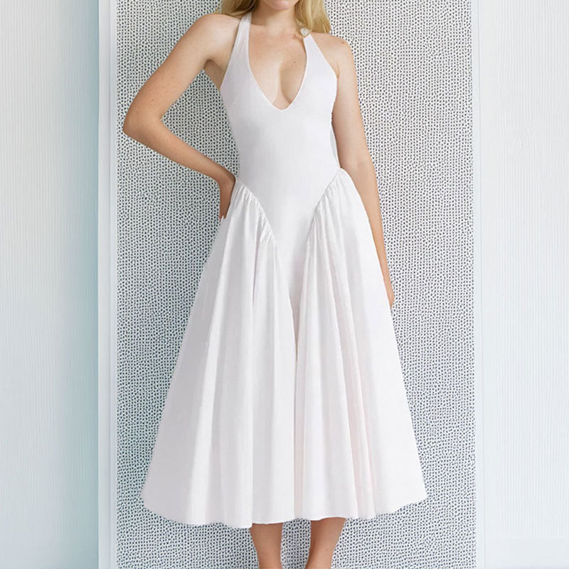 Transfronterizo 2025 primavera nuevo estilo Amazon ropa de mujer europea y americana temperamento sexy cuello halter color sólido delgado vestido sin espalda