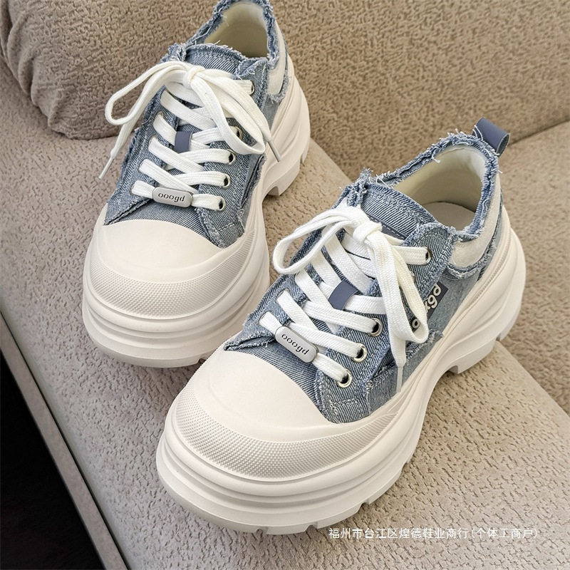 Thick-Soled Height-Increasing Canvas Shoes, Round-Toe, Low-Top, Lace-Up, Men's White Casual Shoes, Versatile Platform Dad Shoes