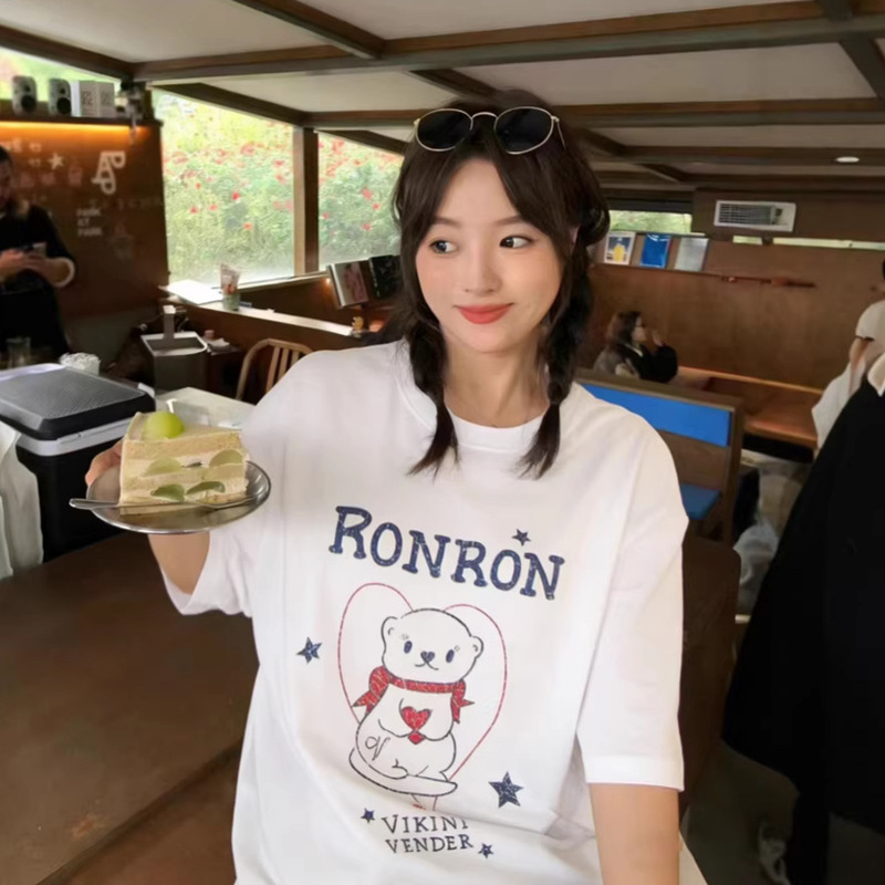 26 Spring and Summer New Style R*Nr*N Korean Designer Niche Cute Bear Print Loose Casual Short-Sleeved T-Shirt for Women
