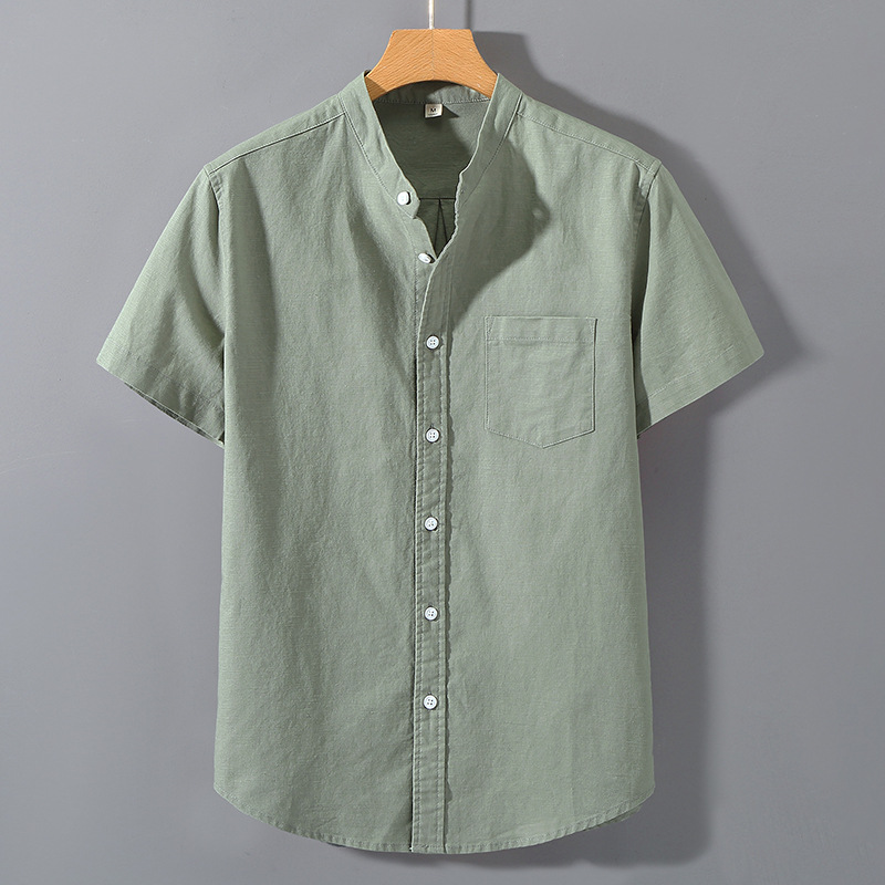 Camicia di lino da uomo sottile camicia a maniche corte ampia camicia estiva in cotone lino stile cinese da uomo casual con colletto rialzato_voghion.com