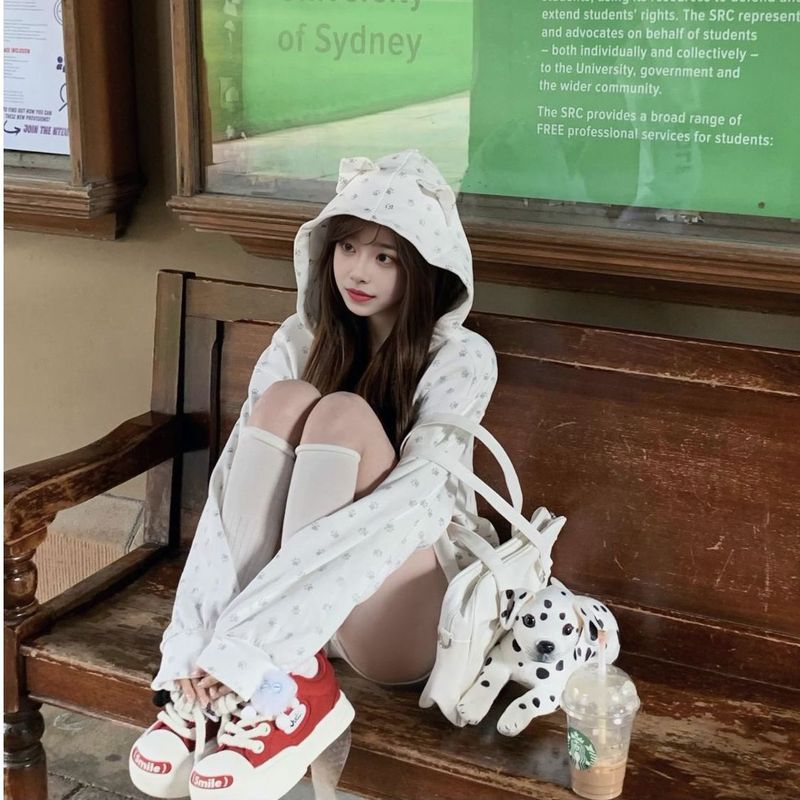 美式复古猫爪印花设计感小耳朵连帽宽松休闲拉链卫衣外套短裤套装|undefined
