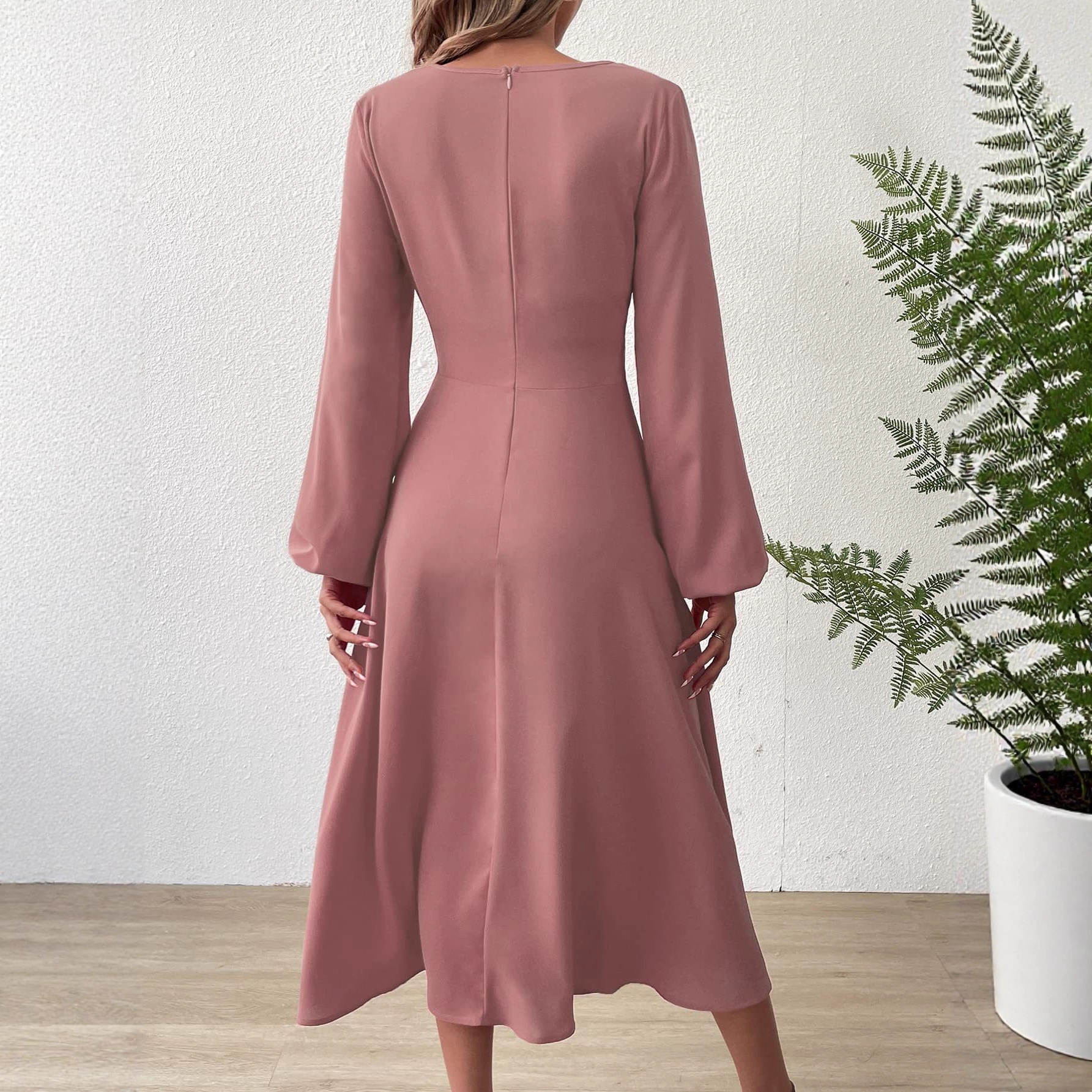 European And American Women' Spring Summer Fahion V-Neck Lantern Long Sleeve Twit Edge Elegant Mid-Length_ecoleips.com
