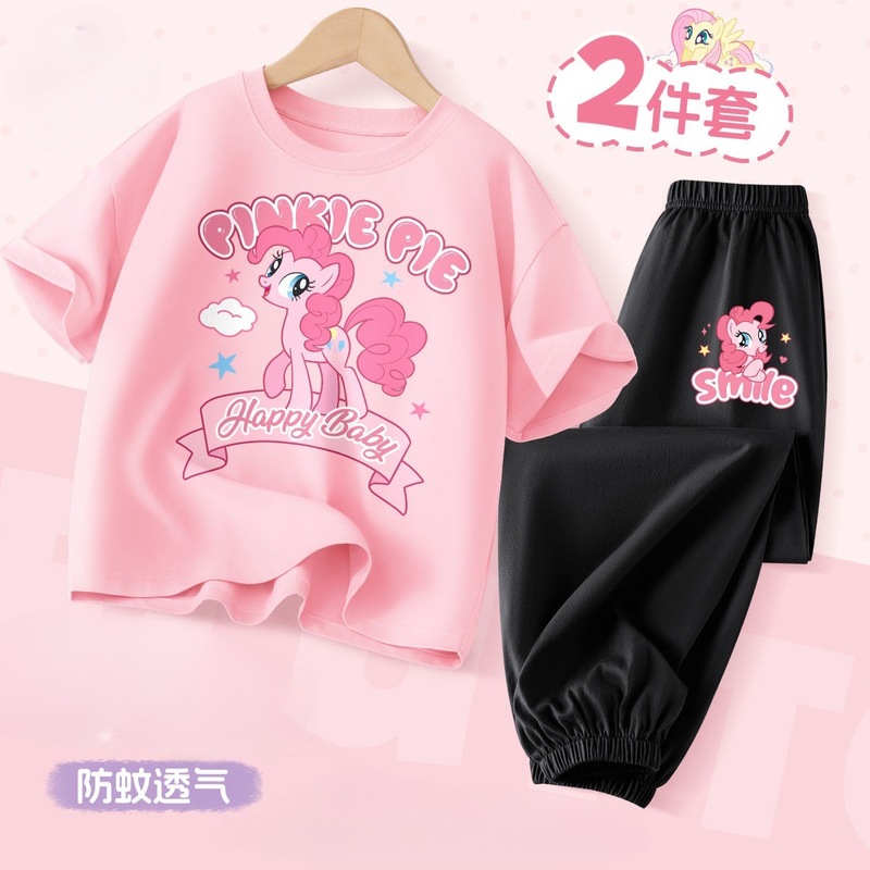 女の子の夏の半袖ズボンスーツ 2025 新しい中型および大型子供用純綿トップス薄いスポーツパンツ 2 点セット|undefined