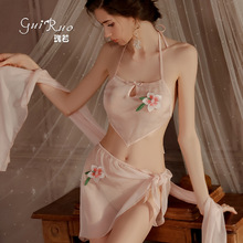 瑰若情趣内衣古典肚兜刺绣蕾丝性感透视网纱三件女士制服套装4370