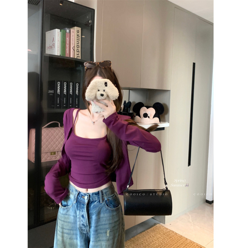 慵懒纯欲风开衫薄外套女秋季套装修身条纹吊带背心上衣两件套批发|undefined