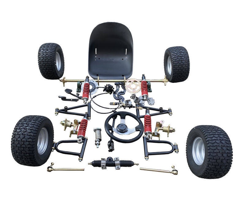 Modified Go-Kart Parts, Homemade Four-Wheel Vehicle with Front and Rear Suspension, Steering Wheel, 1m Rear Axle, 6/7/ 8inch Tires