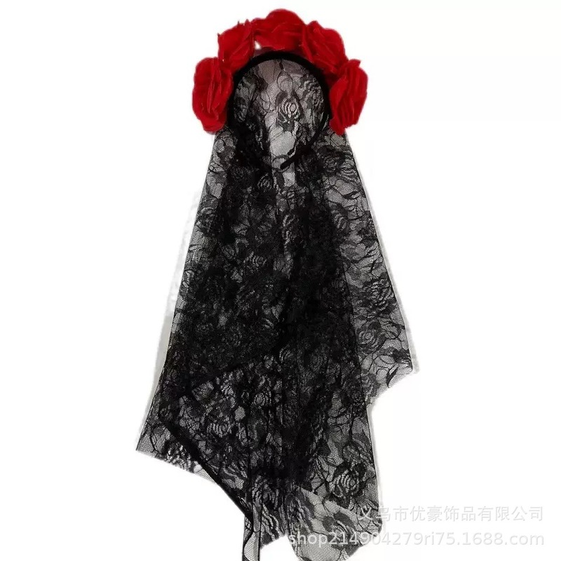 ハロウィンブラックゴースト花嫁フラワー頭蓋骨メッシュヘッドバンドダークローズパーティーダンスパフォーマンスヘッドバンド|undefined