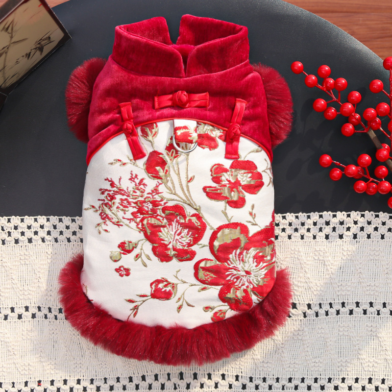 Nuevo estilo chino chino rico flores gato sin pelo mascota de peluche perro gato otoño invierno ropa accesorios comercio exterior al por mayor