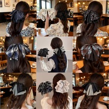 法式缎面立体蝴蝶结碎花吊珠马尾夹高级感法式抓夹复古后脑盘发饰