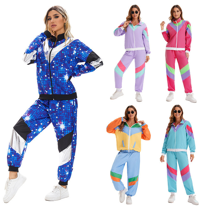 Halloween Costumes 80S Retro Disco Hip-Hop Sports Jacket and Pants Set for Men and Women Adult Performance Costumes