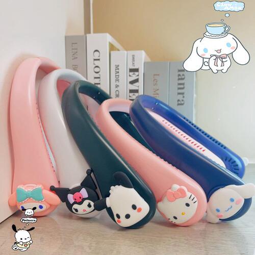 New cross-border creative cartoon Sanrio hanging neck outdoor sports small fan with high wind power, three-speed wind USB charging
