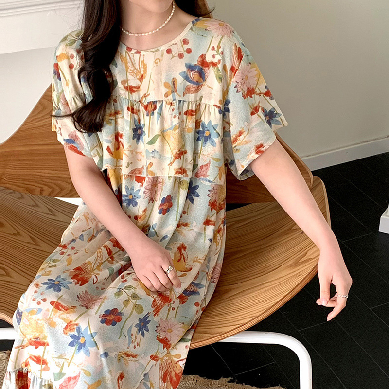 Summer Cotton Silk Student Nightgown Women's Large Size Loose Short-sleeved Anti-bump Spring and Autumn Cute Thin Pregnant Women's Summer Pajamas