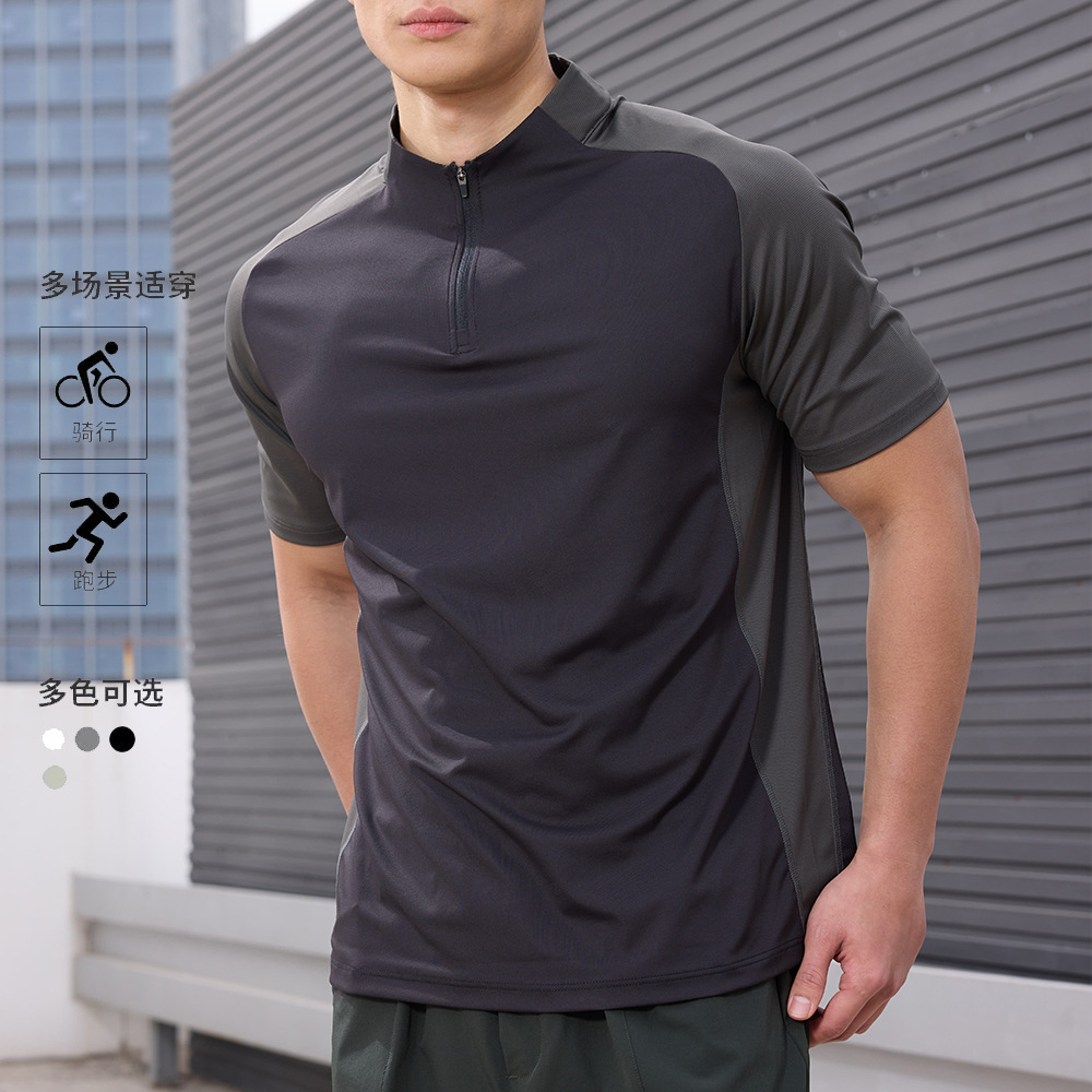 Camiseta deportiva de secado rápido al aire libre de verano para hombres con cuello vertical y medio cremallera, trajes de gimnasio para hombres sueltos, entrenamiento de correr de manga corta