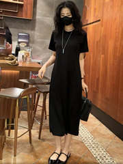 棉春夏季黑色连衣裙女夏新款宽松显瘦遮肚开叉恤中长款裙