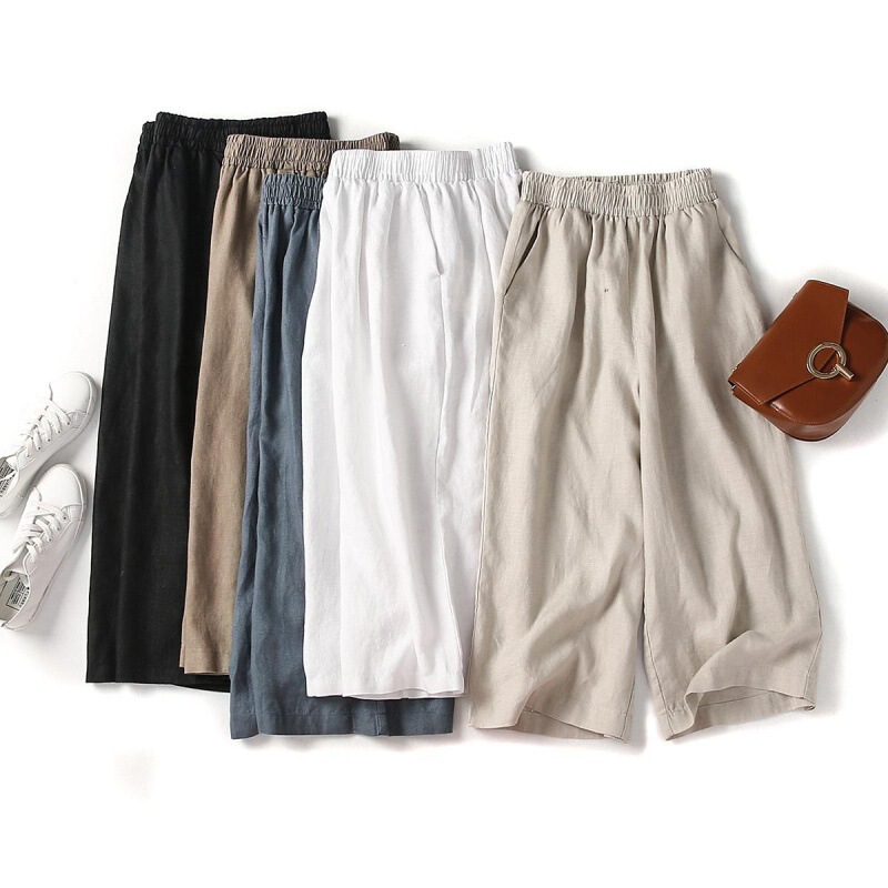 2026 Summer New Women's Linen Cropped Pants, Cotton-Linen Wide-Leg Pants, Loose Fit, Plus Size, High-Waisted, Petite Casual Pants, Thin