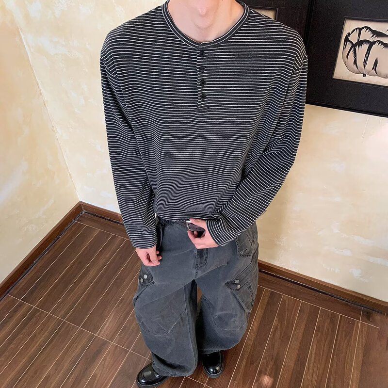 Striped Henry Collar Long Sleeve T-Shirt for Men, Spring and Autumn American Style Trendy Brand Simple Casual Base Shirt, Versatile and Trendy Striped Henry Collar Long Sleeve T-Shirt for Men, Spring and Autumn American Style Trendy Brand Simple Casual Base Shirt, Versatile and Trendy