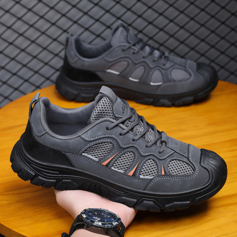 Cross-Border Sports and Leisure Men's Shoes, Outdoor Work Shoes, Leather Mesh Splicing, Breathable Thick-Soled Men's Hiking Shoes