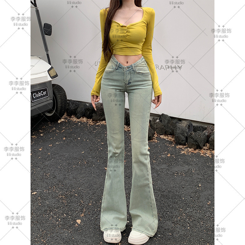 辣妹低腰V腰微喇牛仔裤女2025年秋季新款显瘦弹力提臀怀旧喇叭裤|undefined