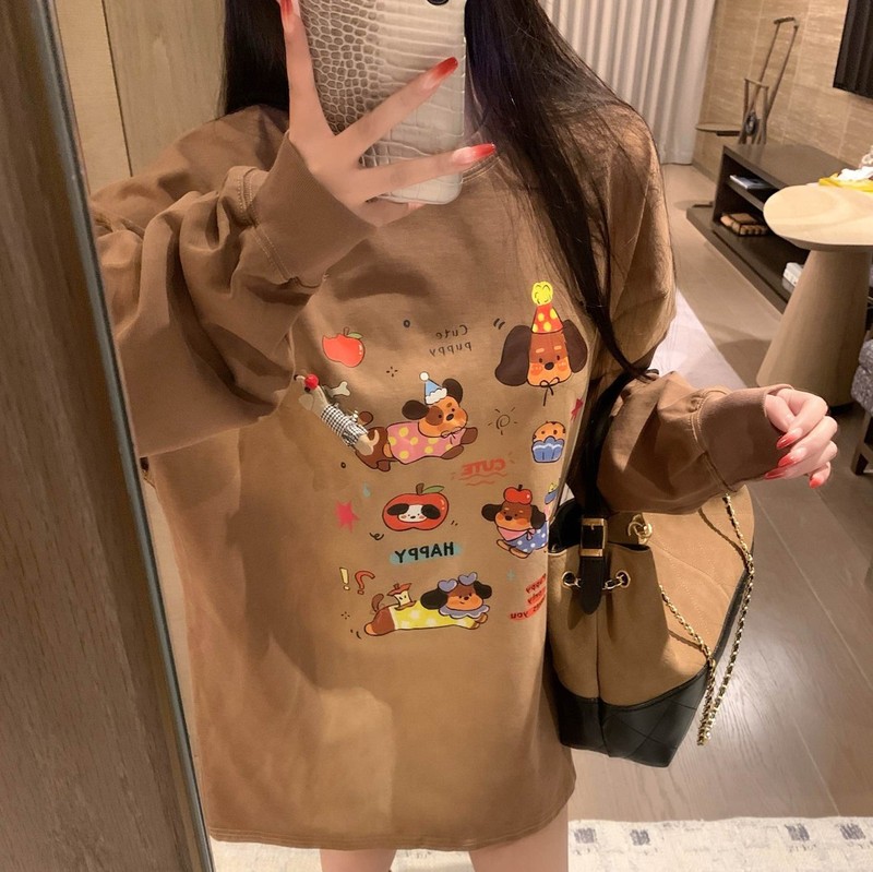 2025秋冬女装新款时尚甜美可爱卡通蜡染腊肠小狗宽松长袖T恤上衣|undefined