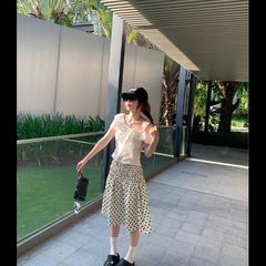 杏色打揽波点半身裙有内衬小众复古穿搭ins风小红书爆款