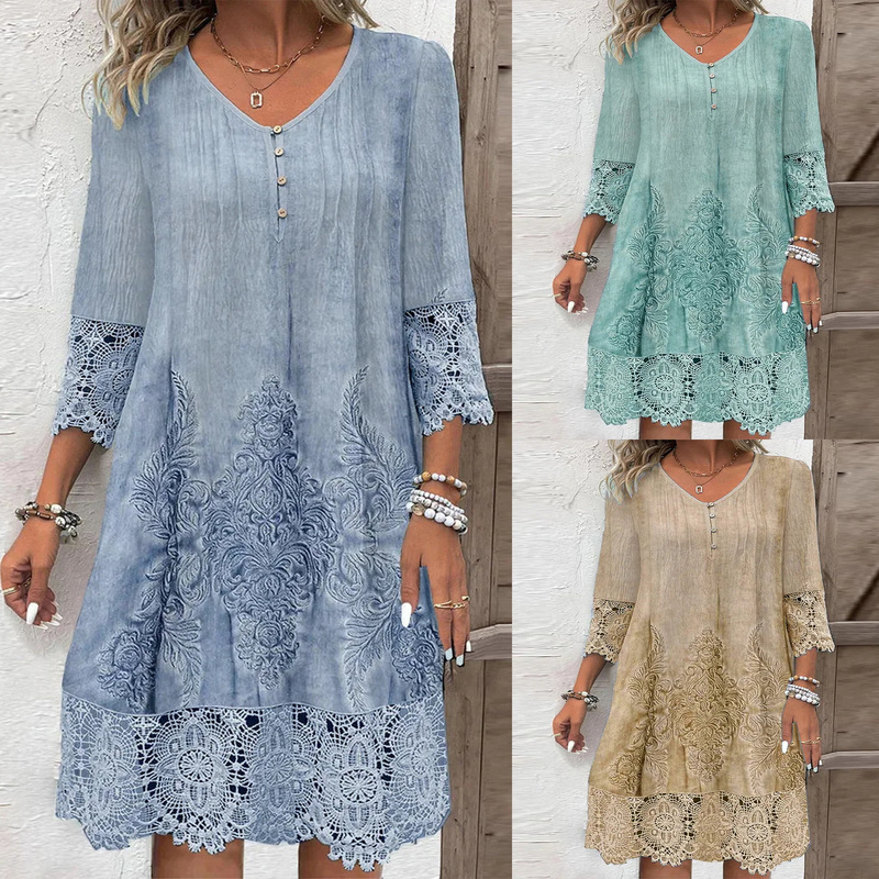 2024 European and American Cross-Border Amazon Wish Spring and Autum V-Neck Women's New Dress Long Skirt Printed Lace